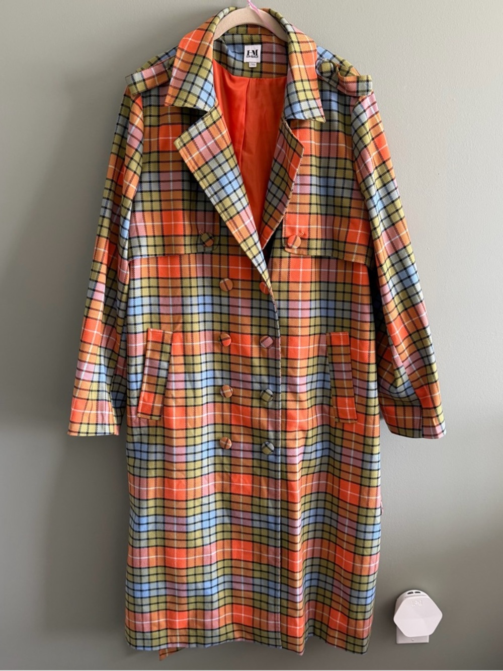 Hilary MacMillan Plaid Belted Trench Coat in Orange & Blue - Picture 6 of 16